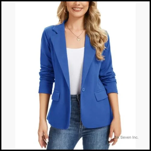 Long Sleeve Lapel Button Jersey Knit Blazer with Pockets
